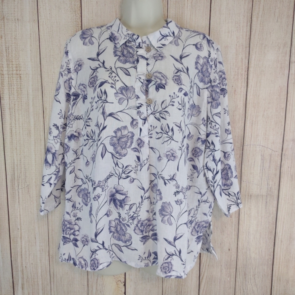 Cynthia Rowley Plus Button Down Shirt 100% Linen 1X  Floral  Beach Cottage Core